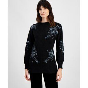 Anne Klein Women's Floral Sequin Tunic Sweater Black Size L MSRP $139